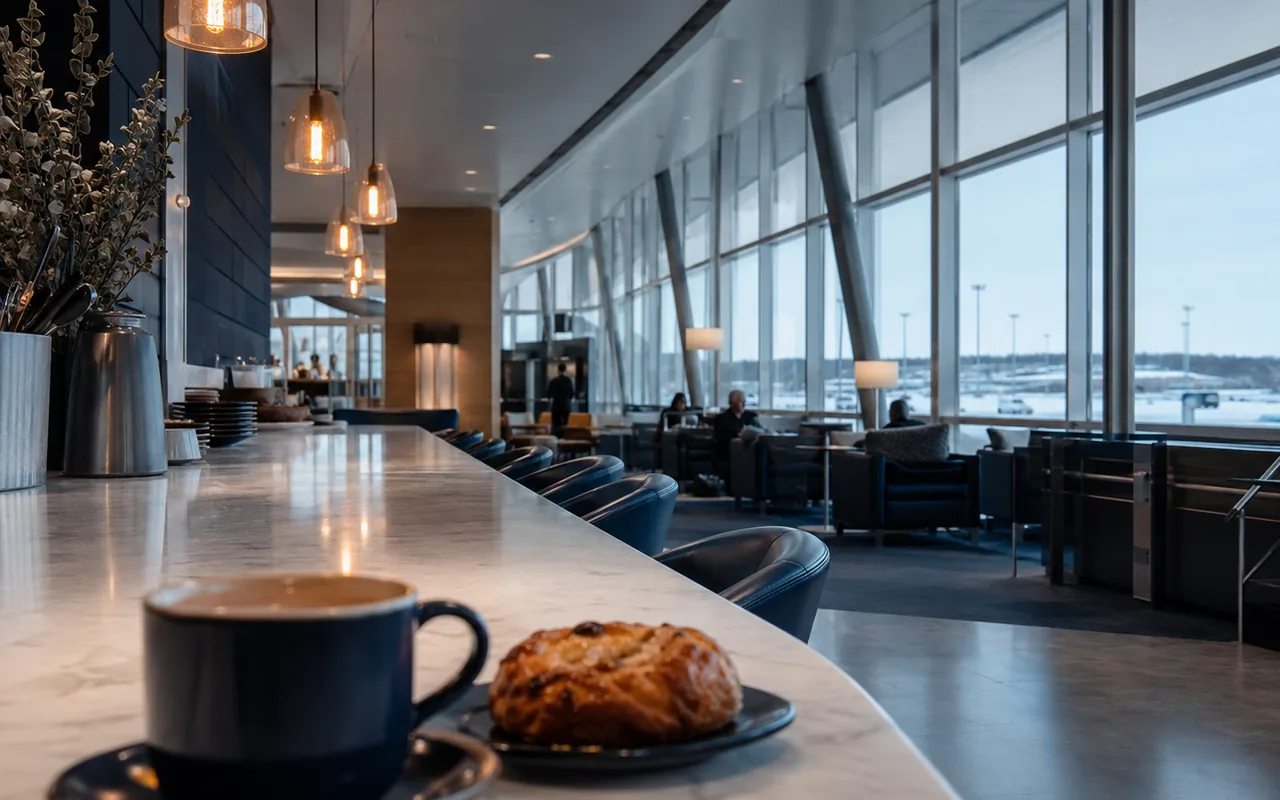 Airport dining counter with seating in a bright concourse, no readable restaurant branding