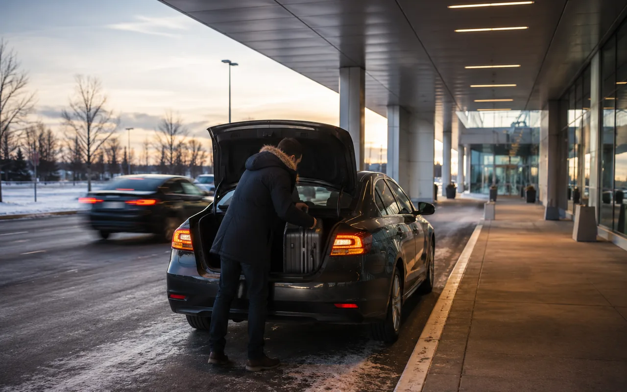 Airport curbside pickup area with a rideshare vehicle and traveler loading luggage, no readable signage
