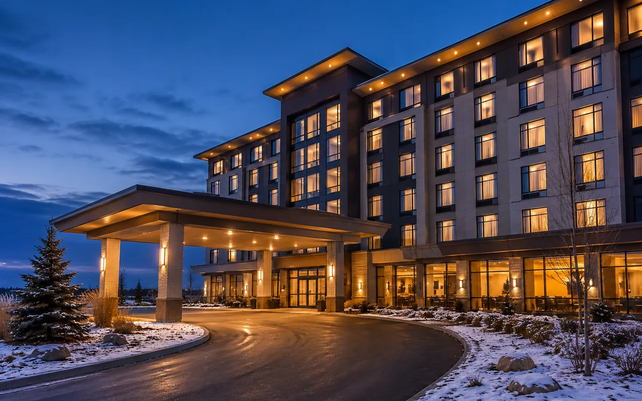 Modern hotel exterior near an airport at dusk, warm window lighting, no visible brand signage