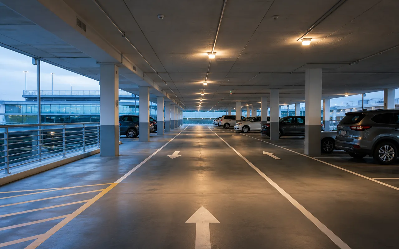 Covered multi-level parking garage with soft overhead lighting, no visible signage or logos