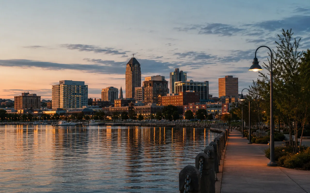 Editorial view of a Great Lakes downtown skyline along the waterfront at golden hour, no readable building signage