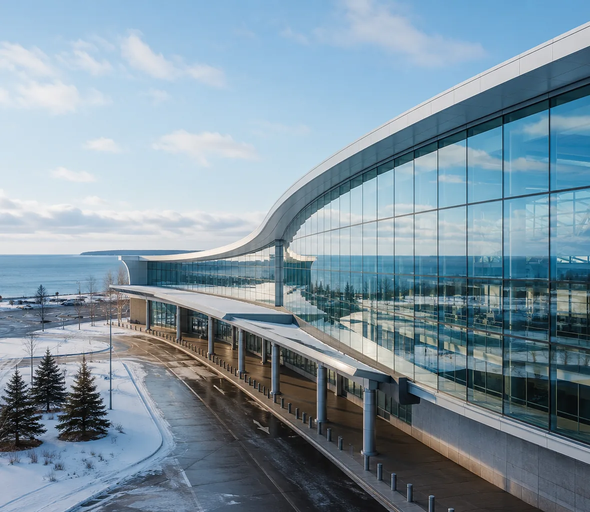 Editorial photograph of a modern airport terminal exterior in soft winter daylight near a Great Lake shoreline