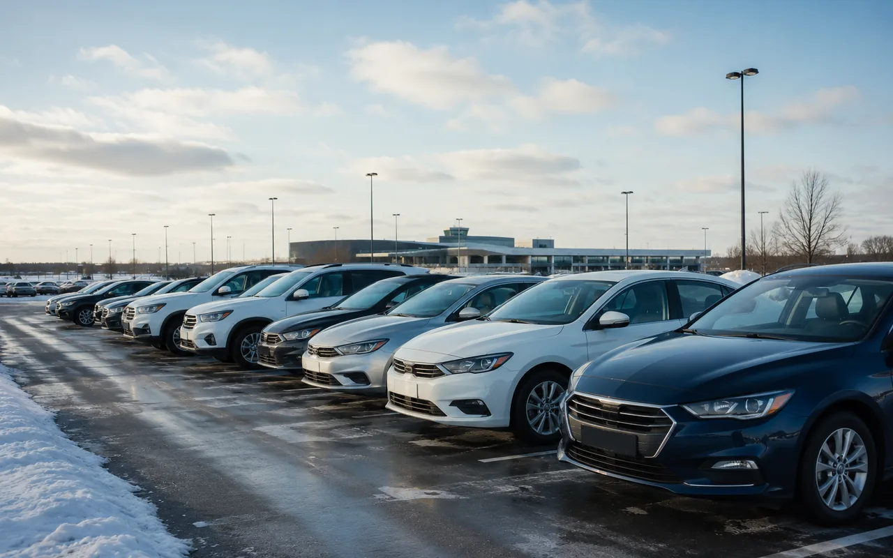 Row of rental vehicles in a clean outdoor lot in cool daylight, no visible rental brand logos