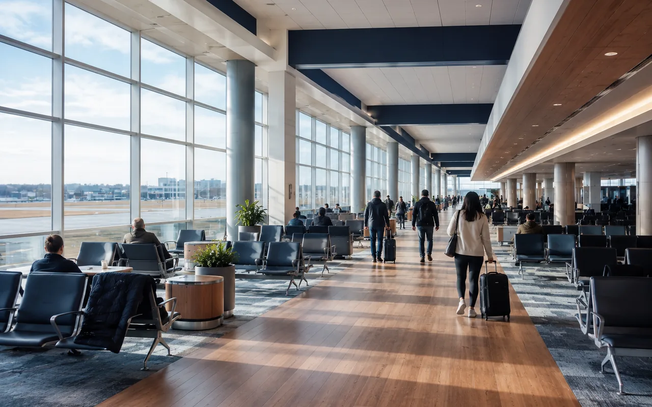 Bright airport concourse interior with gate seating and natural light, no readable gate signage
